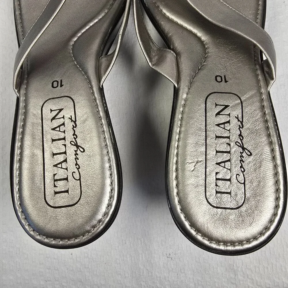 WOMENS ITALIAN SHOEMAKERS THONG WEDGE SANDAL SILVER SIZE 10  EUC - Picture 5 of 10